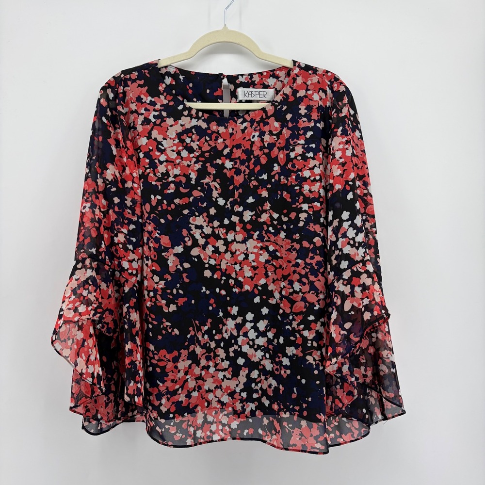 Kasper Womens XL Navy Coral Floral Blouse Tiered Bell Sleeve Chiffon Top